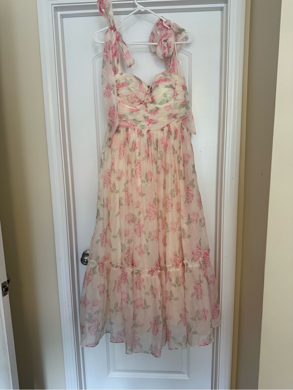 Tie-Shoulder Floral Midi Dress in Pink and Cream